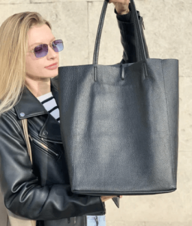 Кожаный женский шопер черная мягкая с кожи