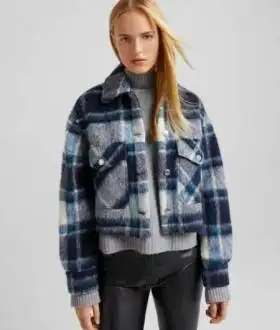 Bershka теплая рубашка жакет в клетку 20% шерсть